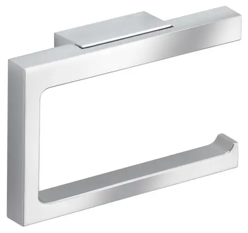 Moderner, eleganter Toilettenpapierhalter aus verchromtem Metall im minimalistischen Design mit kantigen Formen.